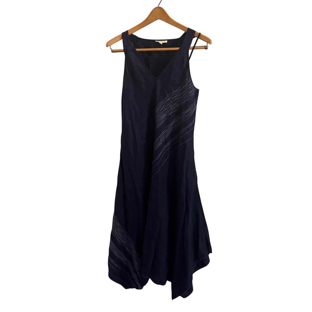 Eileen Fisher Navy Blue Modal Handkerchief Hem Stitch Midi Dress Womens Medium